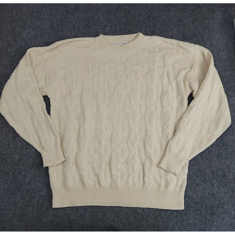 Vtg Total Knight Sweater Men Large Beige Textured Cotton USA Made Knit Geometric